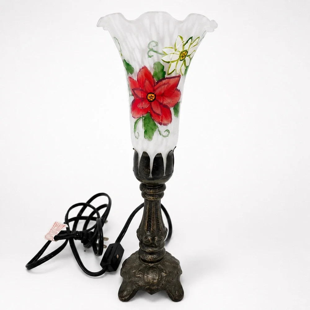 Vintage Style Frosted Glass Tulip Accent Lamp Hand Painted Red Poinsettia Floral